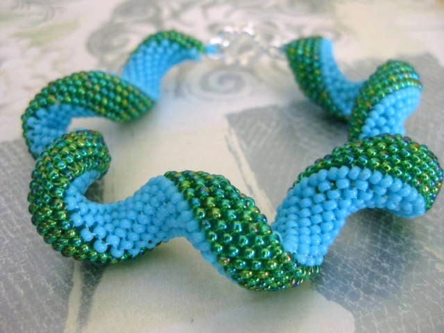 Peyote Bracelet Turquoise Blue and Rainbow Green Swirls Beadwork Seead Bead Spiral