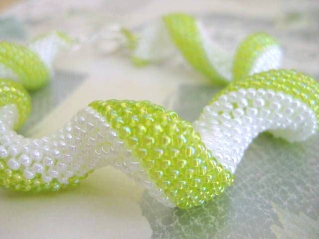 Beadwork Peyote Swirl Bracelet - Chartreuse Green and White Seed Bead Cuff Beaded Curls