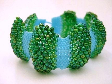 Bumpy Peyote Bracelet in Turquoise Blue and Rainbow Green (Made to Order) Beadwork Seed Bead