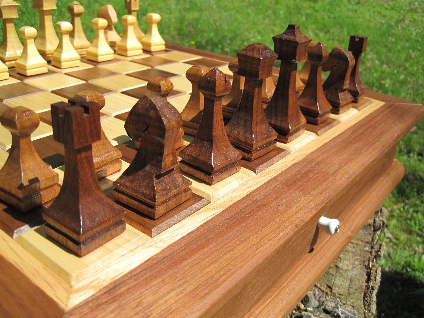 Designer Chess and Checker Board Box with Playing Pieces