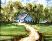 watercolor original painting art rural farm house trees gift decor wall art landscape art painting painting original