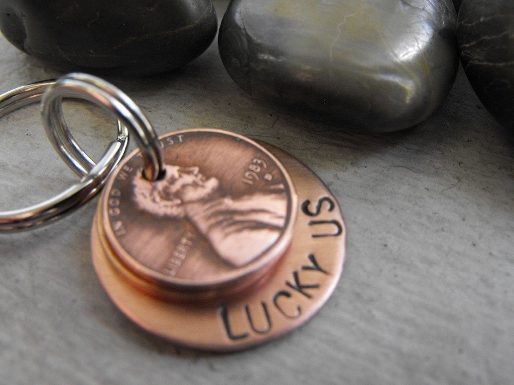 Lucky Us Copper Keychain with two lucky pennies