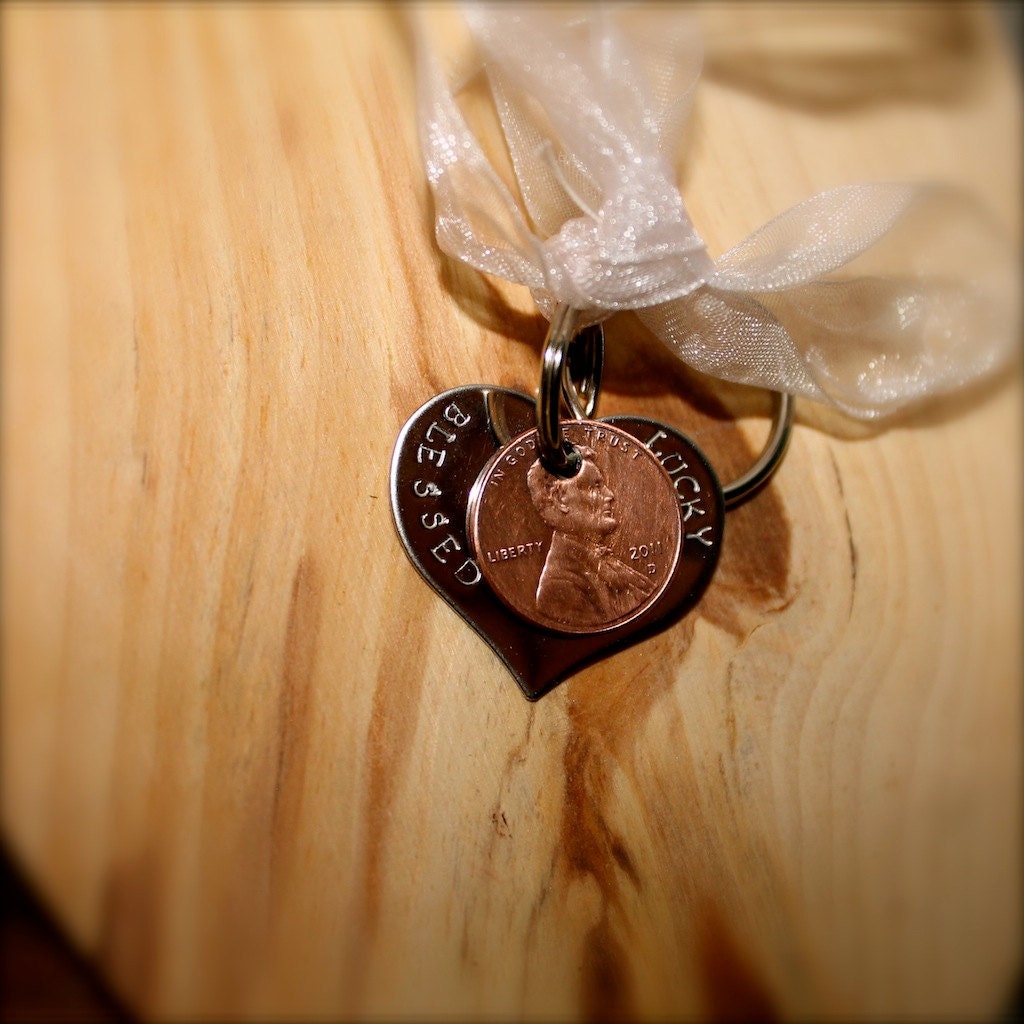 New Heart shaped Blessed,  Lucky Us Keychain made of stainless steel with  3 pennies