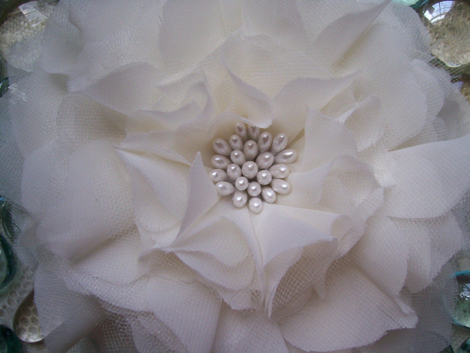 7" Ivory Chiffon and Ivory Tulle 24 Petal Flower Wedding Gown Applique or Hair Piece