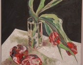 Original Oil on Canvas Tulips and Pomeranians on Black