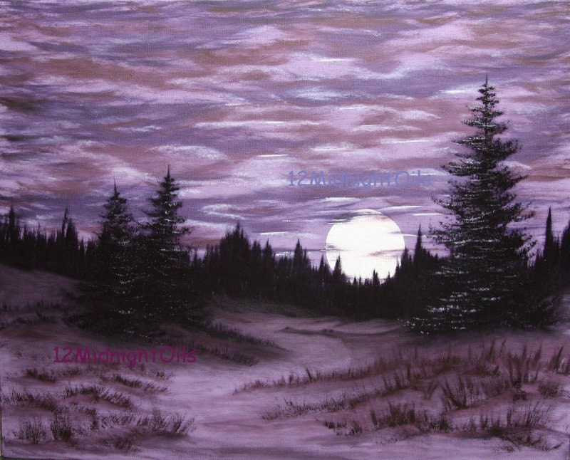 Original Landscape Oil Painting Purple Full Moon