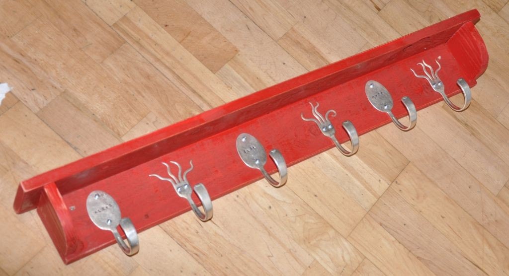 Personalized Spoon Hooks with Funky Fork Hooks red distressed Shelf made from reclaimed wood