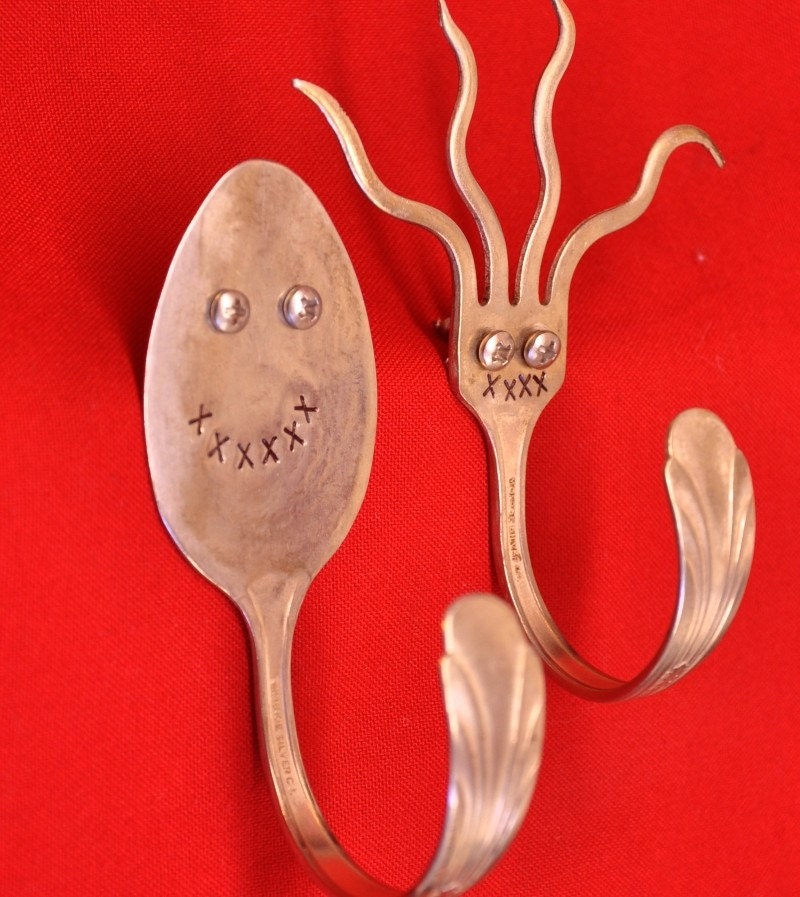 Spoon Man  vs.  Fork Man Silverware Hooks