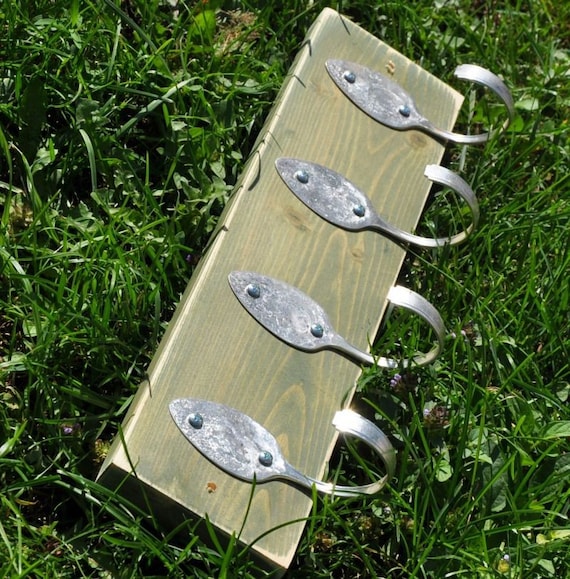 4 Vintage Spoons FUN Green Stained Coat Rack