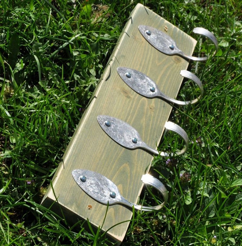4 Vintage Spoons FUN Green Stained Coat Rack