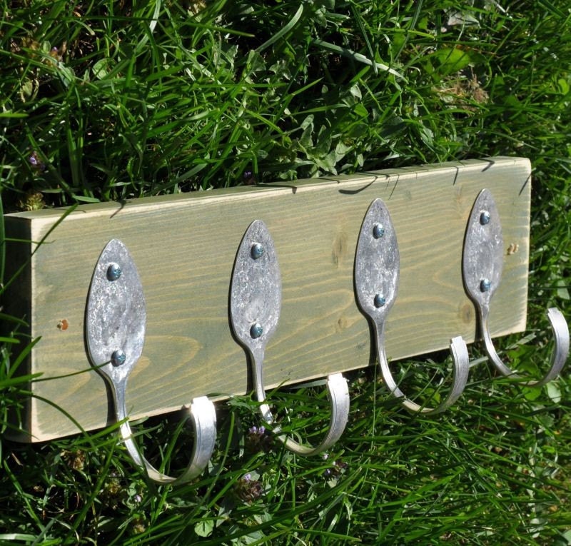 4 Vintage Spoons FUN Green Stained Coat Rack