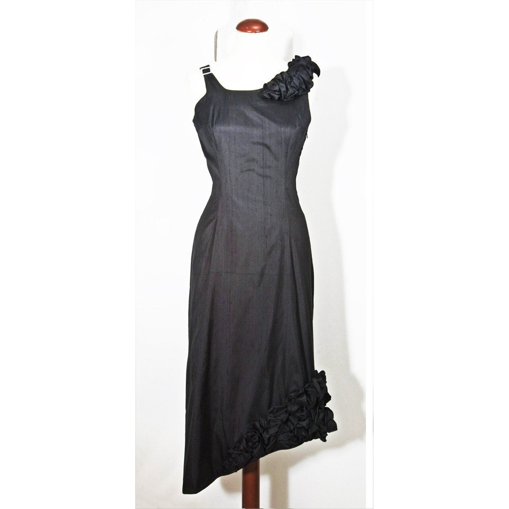 SALE Black Silk Dress Romantic Sexy Fitted Sculptural haute couture Cocktail evening wear - made to Order -