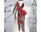 Red Orchid Leather Necklace Pip - handmade - Fringed - Floral  - cascade- romantic Fashion accessory Valentine Gift