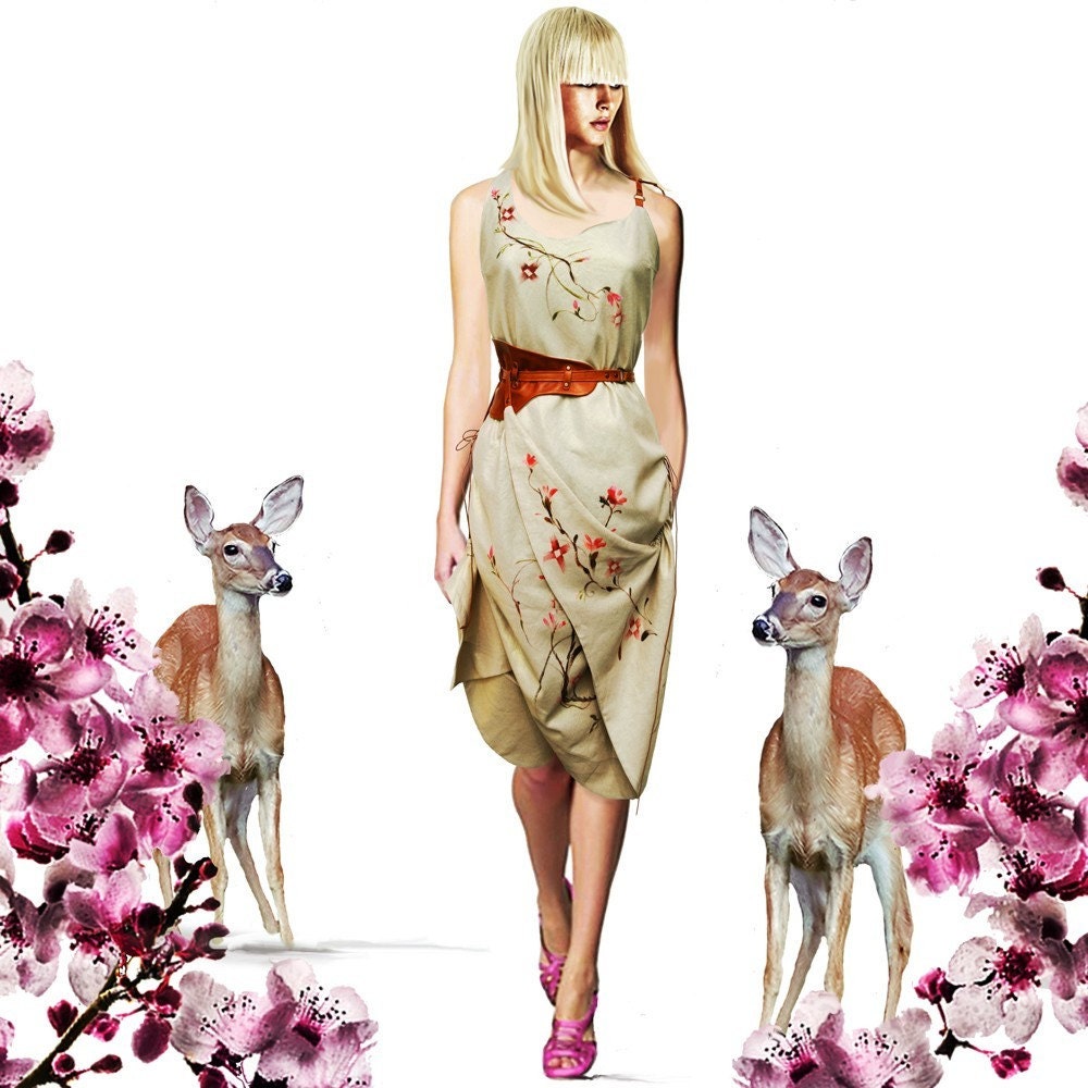 Cherry Blossom Linen Geisha Romantic couture convertible Origami Oriental Blossom hand-painted Dress  Avant Garde Bohemian Art Wear