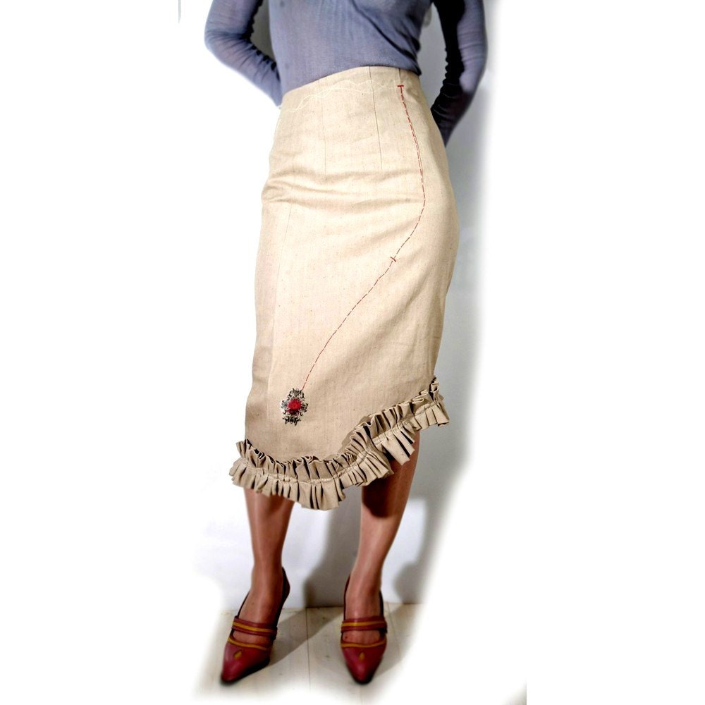 Ruffled Lily Denim Skirt  Handmade Couture  40's style fashion - Modern Romantic -