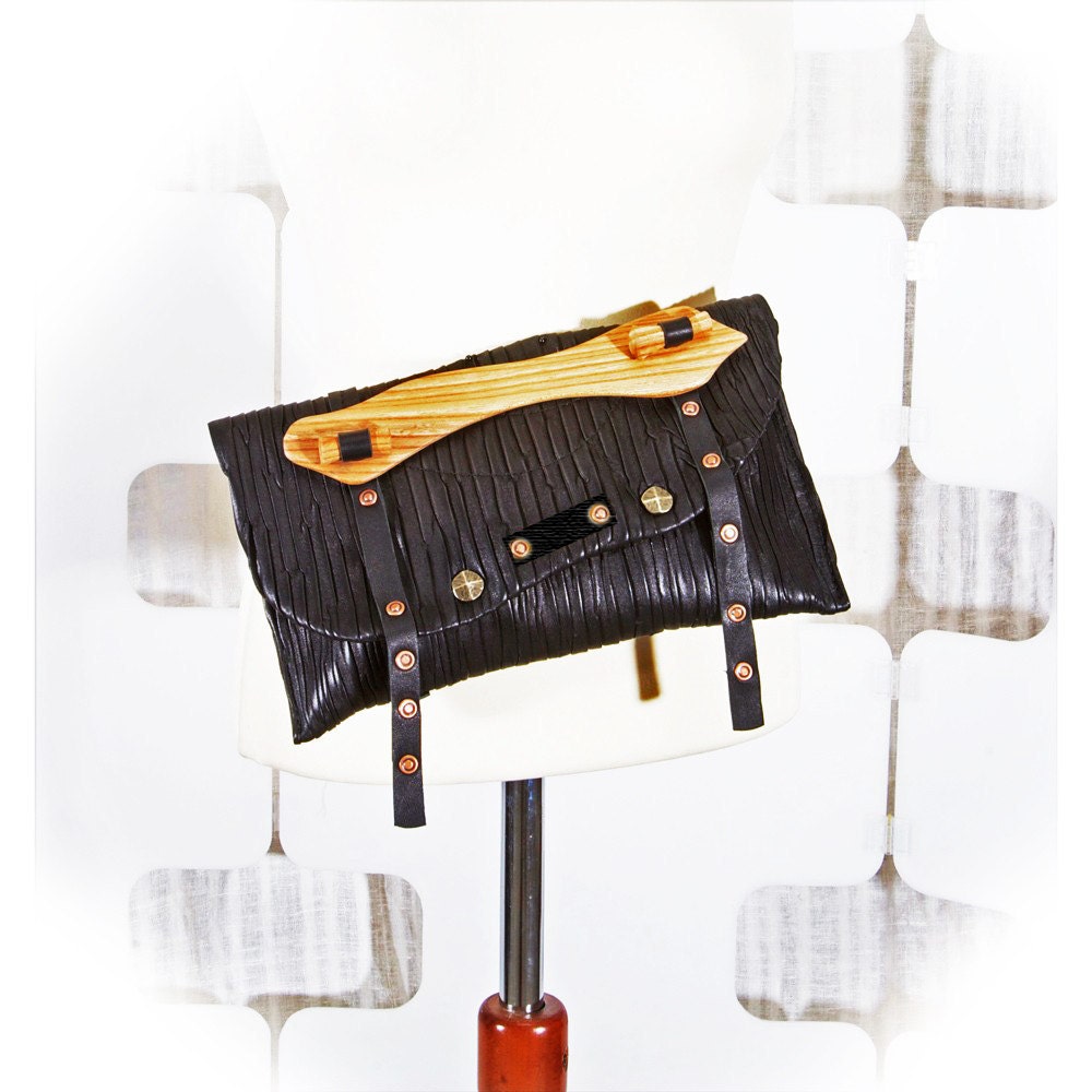 SALE Pleated Black Leather Clutch - avant garde - haute couture Fashion Accessory -