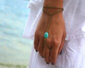 Slave Bracelet Hand Bracelet  Piece Hipster  Bronze Chain Boho Bohemian One Turquoise Bead Two Strand Hand Jewelry