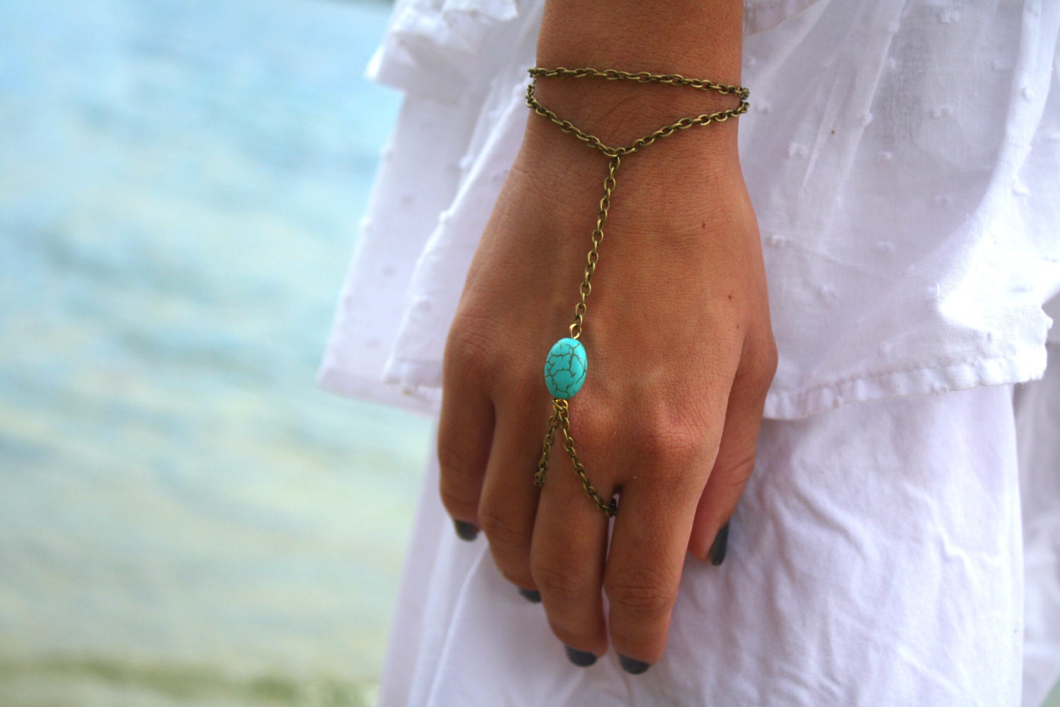Slave Bracelet Hand Bracelet Piece Hipster Bronze Chain Boho Bohemian One Turquoise Bead Two Strand Hand Jewelry