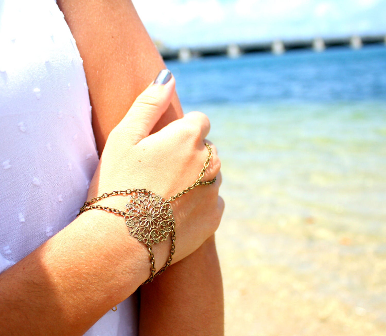 Slave Bracelet Hand Bracelet Piece Hipster Bronze Chain Bohemian Circle Floral Eclectic Hippie Hand Jewelry