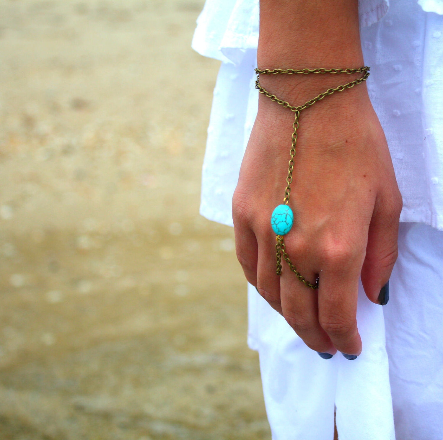 Slave Bracelet Hand Bracelet Piece Hipster Bronze Chain Boho Bohemian One Turquoise Bead Two Strand Hand Jewelry
