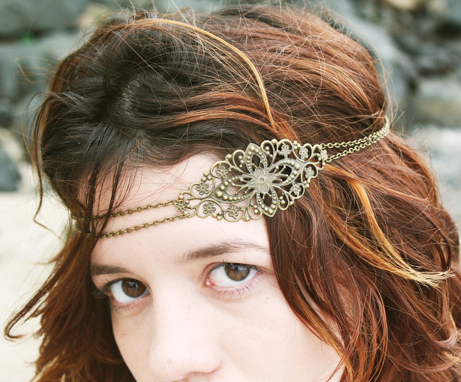 Chain Headpiece Headband Hair Piece Bohemian Hipster Boho Hippie Bronze Floral Long Centerpiece Bridal Statement Jewelry