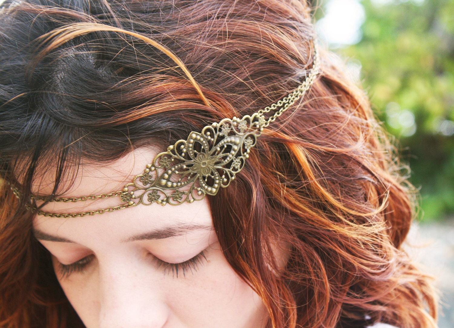Chain Headpiece Headband Hair Piece Bohemian Hipster Boho Hippie Bronze Floral Long Centerpiece Bridal Statement Jewelry