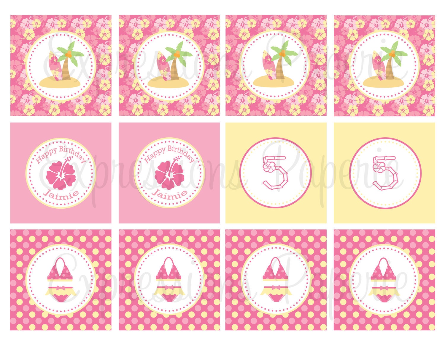 Pink Hawaiian Luau Personalized Cupcake Toppers or DIY Il_170x135