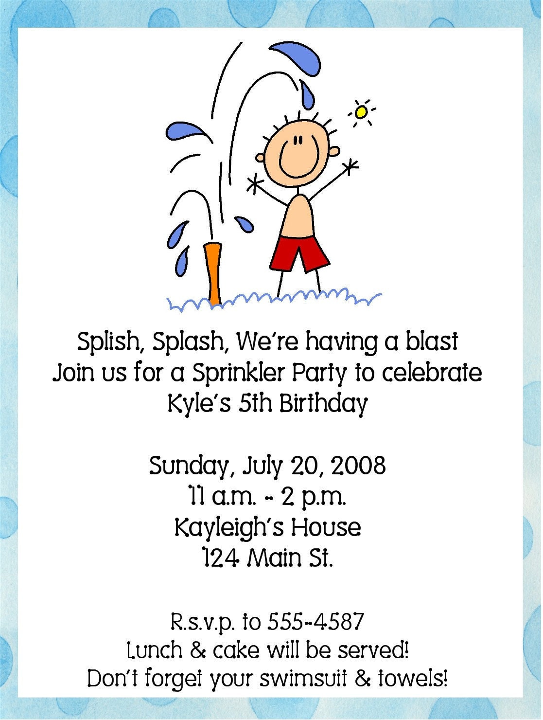 Summer Pool/Sprinkler Birthday Party Invitations