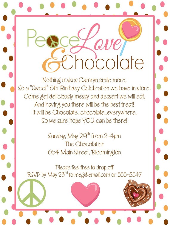 Peace, Love and Chocolate Birthday Party Invitations Il_570xn