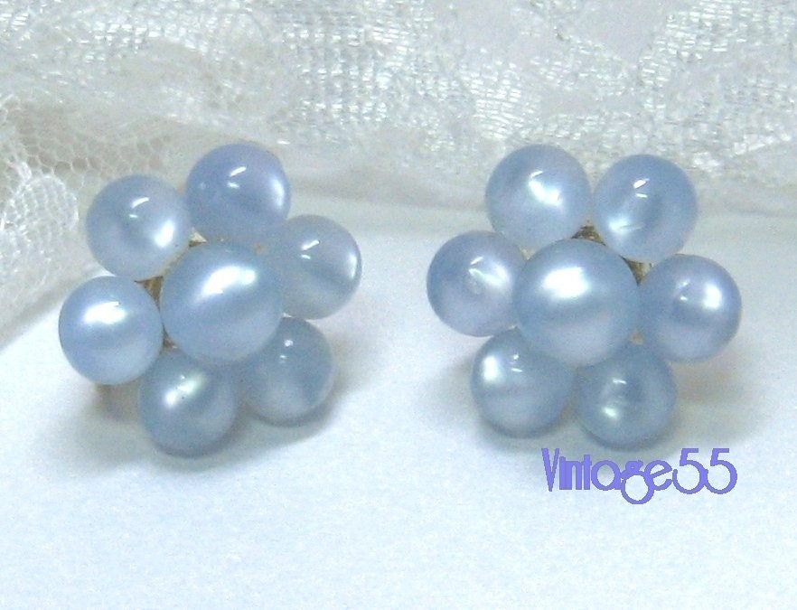 Vintage  Earrings Lucite Moonglow Pale Blue Screw Back