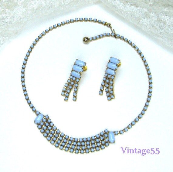 Vintage Necklace Earrings Milk Glass Blue