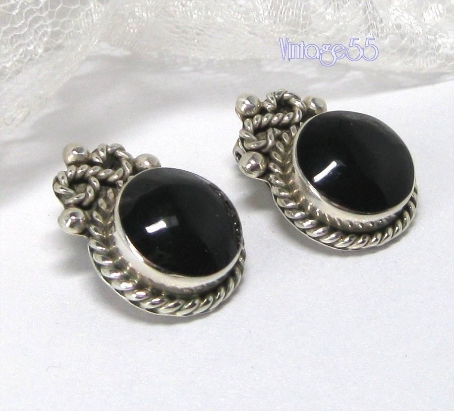 Vintage Earrings Sterling Onyx clip on Mexico