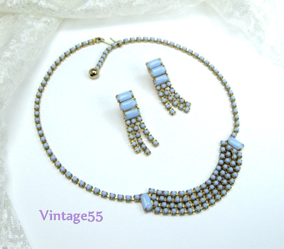 Vintage Necklace Earrings Milk Glass Blue
