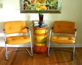Reserved for Mark   .......Wonderful pair chrome chairs in goldenrod nubby fabric