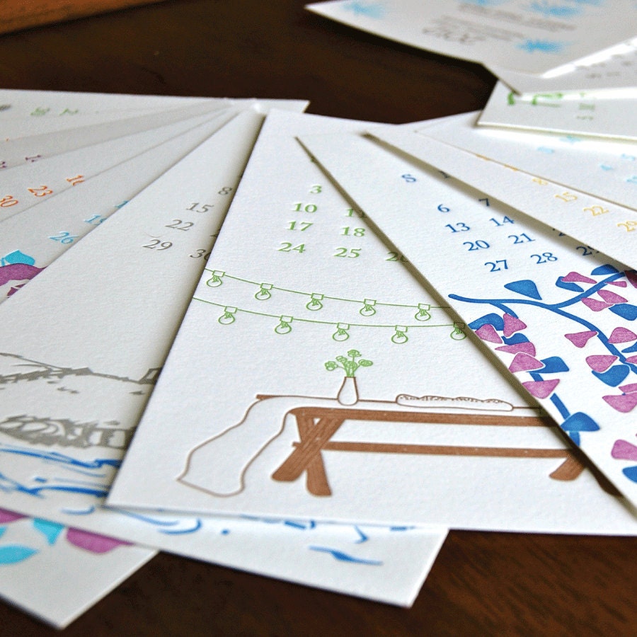 SALE: 2012 wall/desk post-card Letterpress Printed Calendar