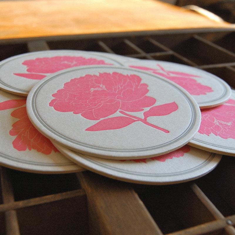Peony Coaster, Letterpress printed, Set of 8
