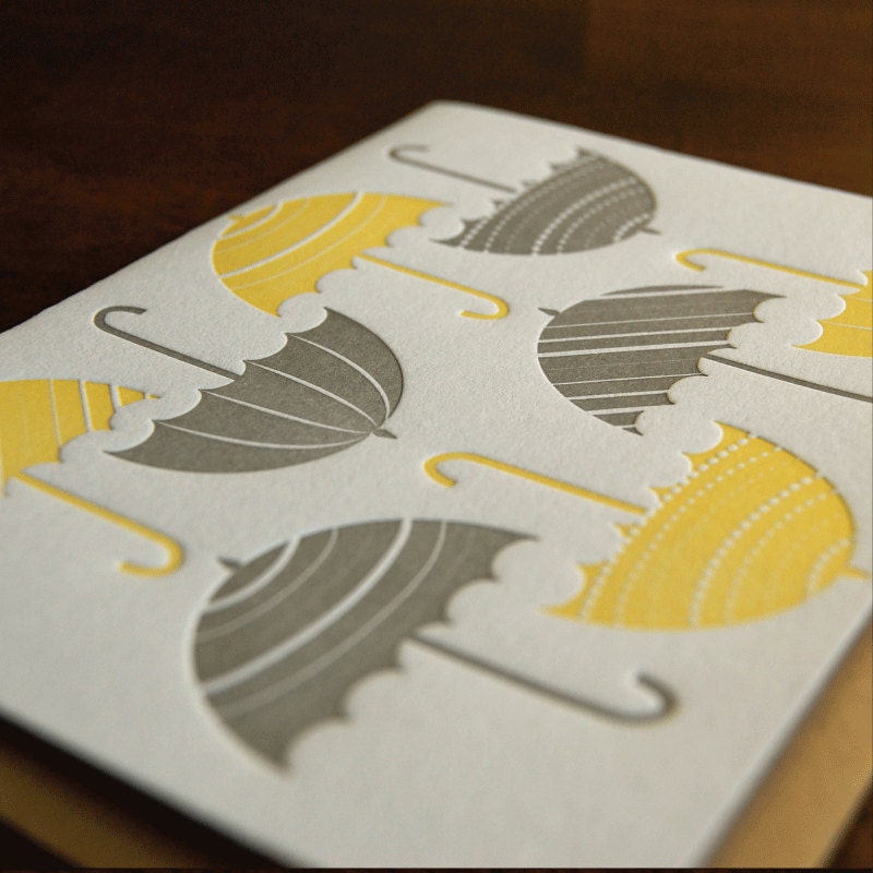 Umbrellas, letterpress, single folded card