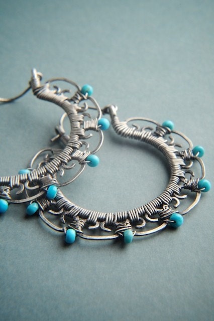 Large Filigree Hoop Earrings in Sterling Silver with Turquoise: Leela - Made to Order