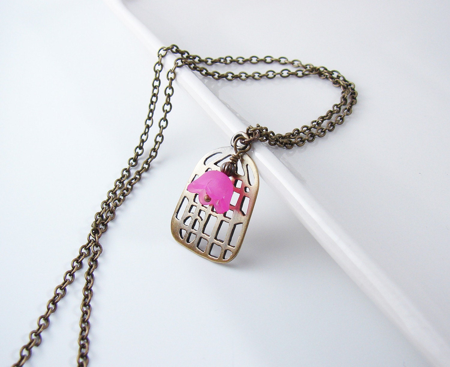 Vintage Inspired Birdcage Flower Brass Necklace