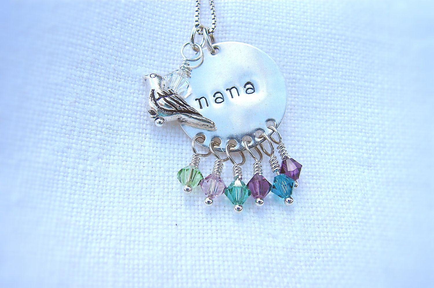 Nana Hand Stamped Necklace with Bird and Swarovski Birthstone Crystal Charms