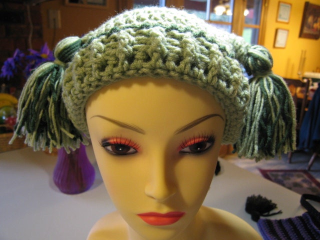 Hand Crocheted Childs Double Tassel Jester Hat in Green