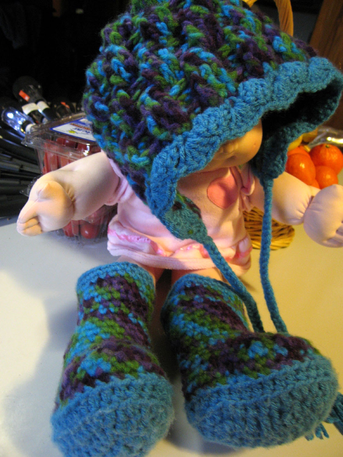 Crochet Teal Blue n purple Rain Boots and Basket Weav Hat with Ties
