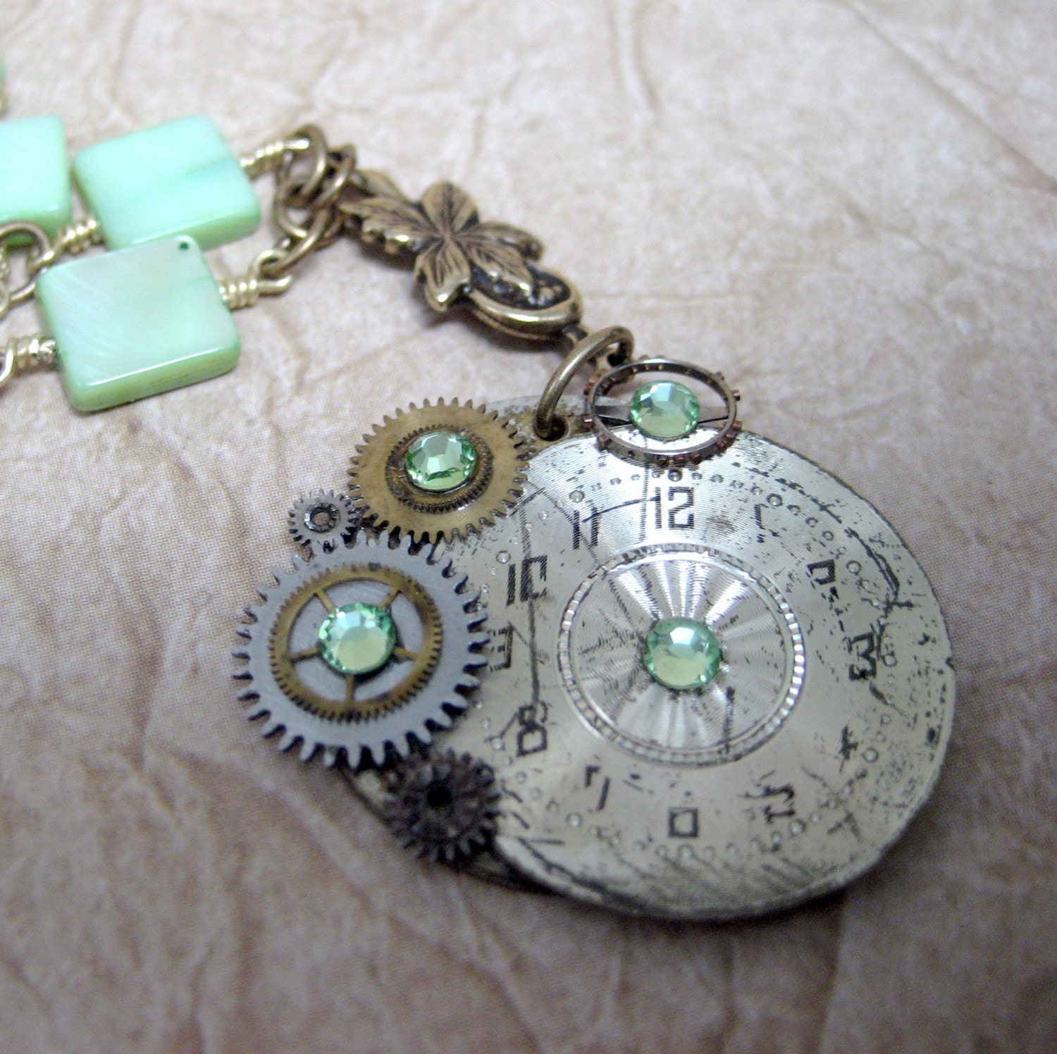Steampunk Necklace - Mojito - Neo Victorian - Vintage Repurposed Watch Dial Pendant -  Artisan Jewelry Handmade and Designed by A Second Time