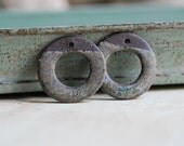 Ceramic Bead Pendants Chocolate Clay in Green Patina Stone Glaze - One Pair
