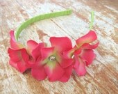 Raspberry and Green Hydrangea Flowers on a Lemon Green Ribbon Wrapped Headband