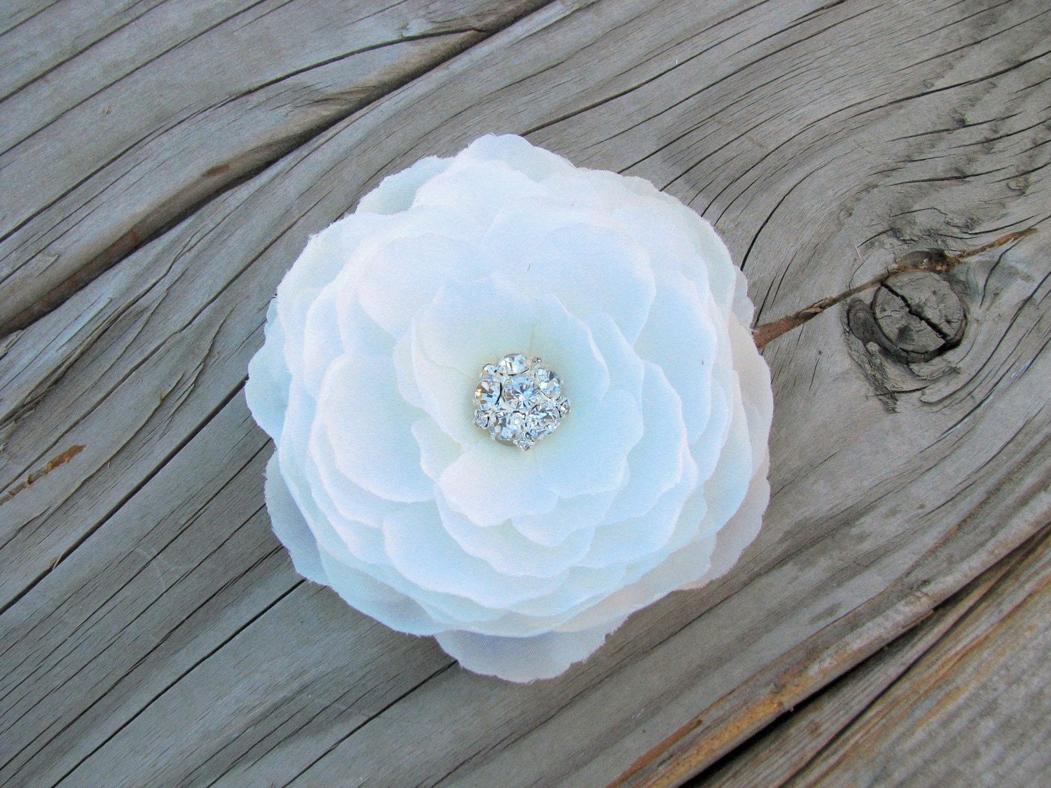 White Ranunculus Flower Fascinator Hair Clip with a Small Cluster of Rhinestones Center
