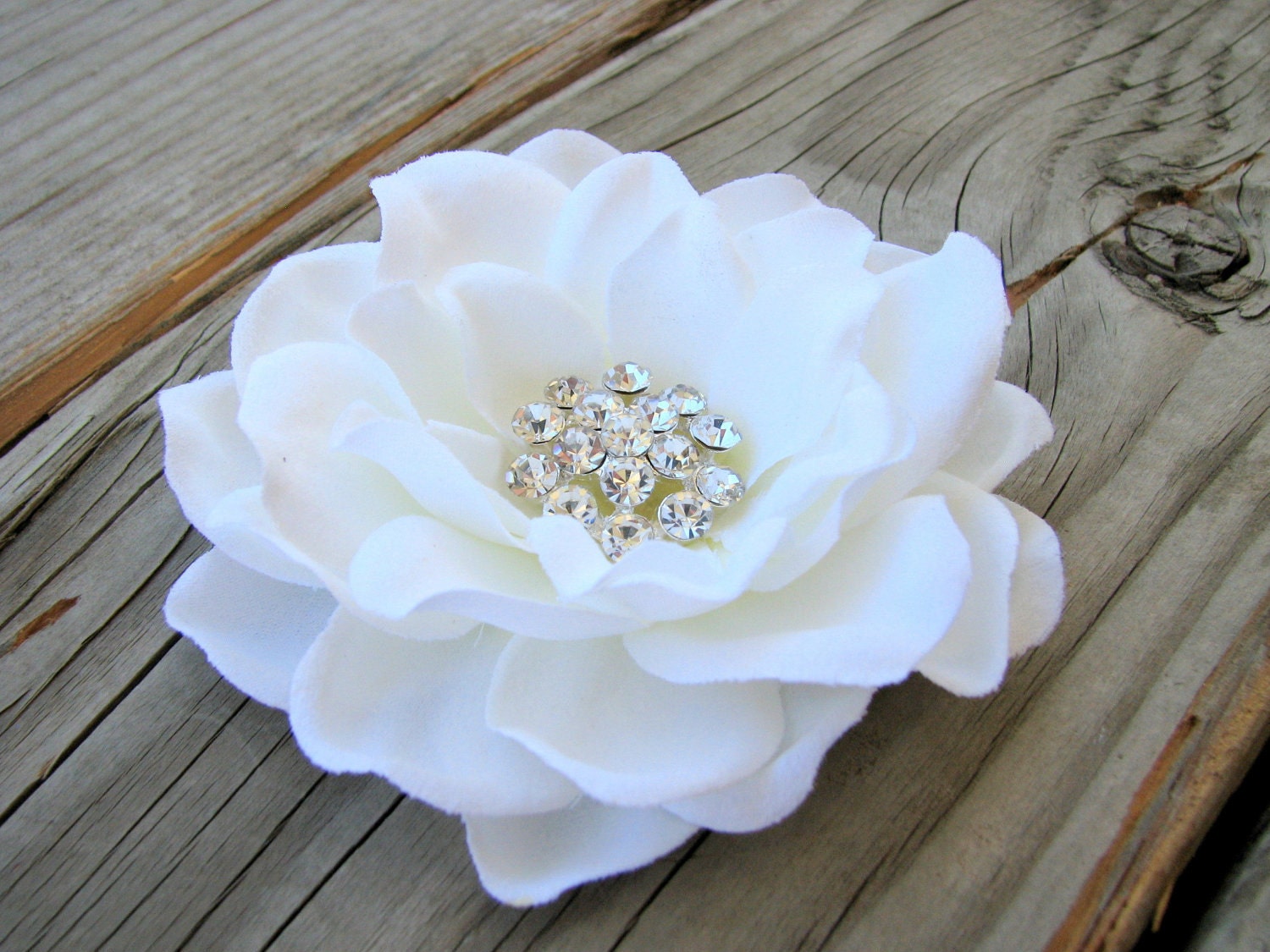 Bridal Antique White Flower Hair Clip  Fascinator Gardenia with a Large Cluster of Rhinestones Center