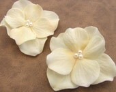 Cream Hydrangea Flower Hair Clips with Pearl Centers Set of 2