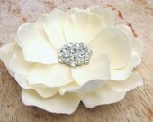 Elegant Ivory Flower Fascinator Hair Clip Magnolia with Large Cluster of Rhinestones