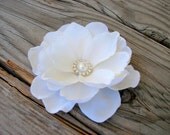 Ivory Flower Fascinator Hair Clip Magnolia with a Pearl and Rhinestone Center